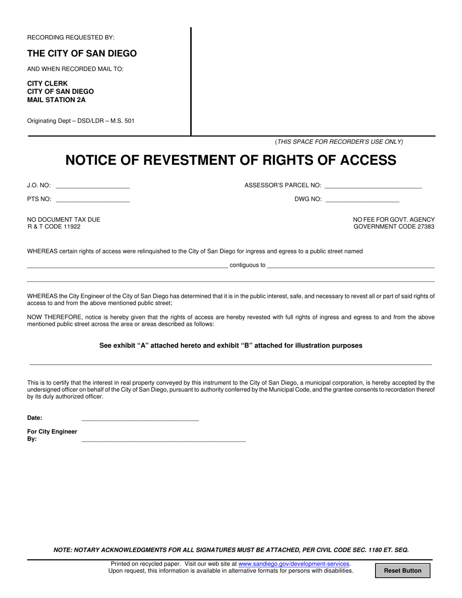Notice of Revestment of Rights of Access - City of San Diego, California, Page 1