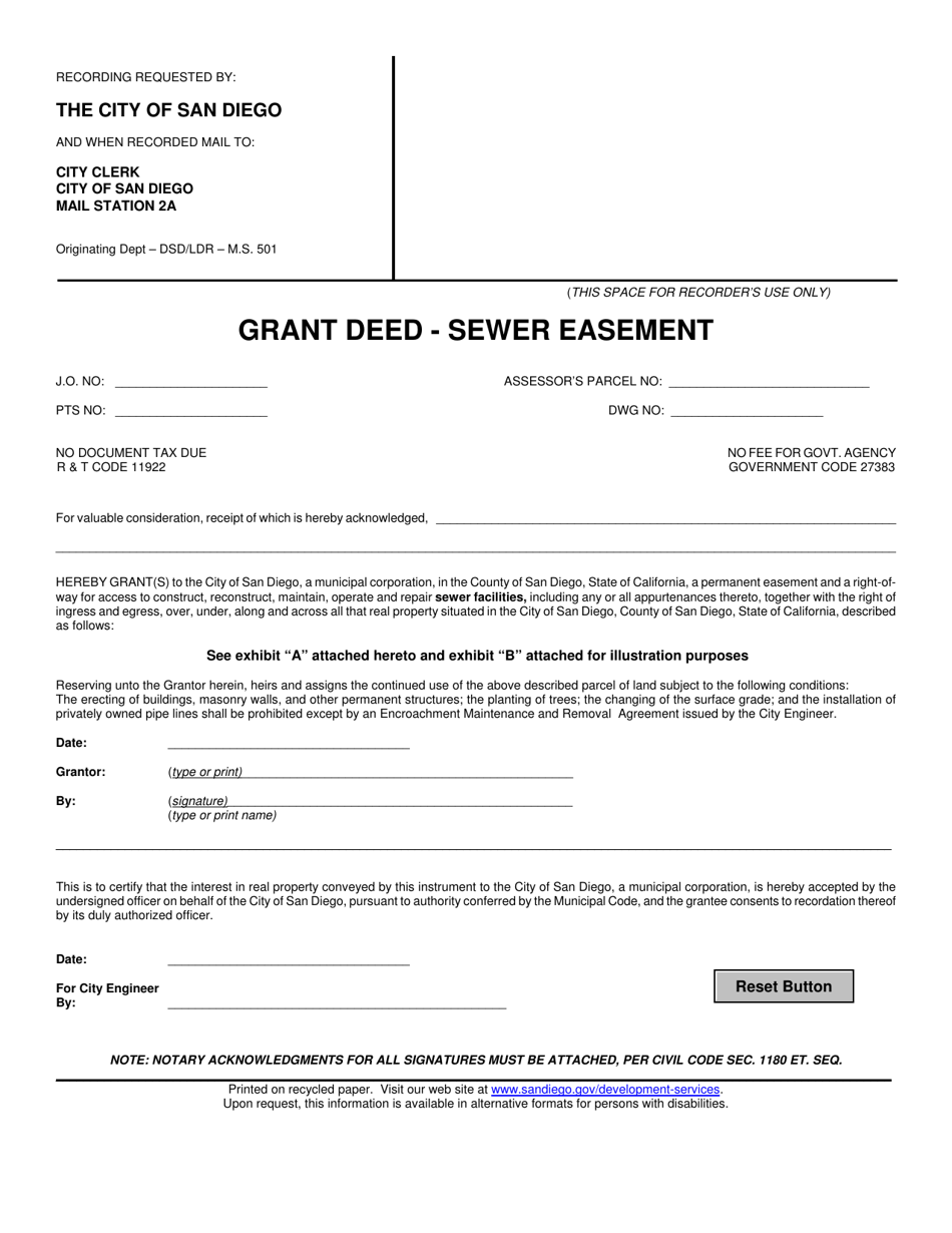 Grant Deed - Sewer Easement - City of San Diego, California, Page 1