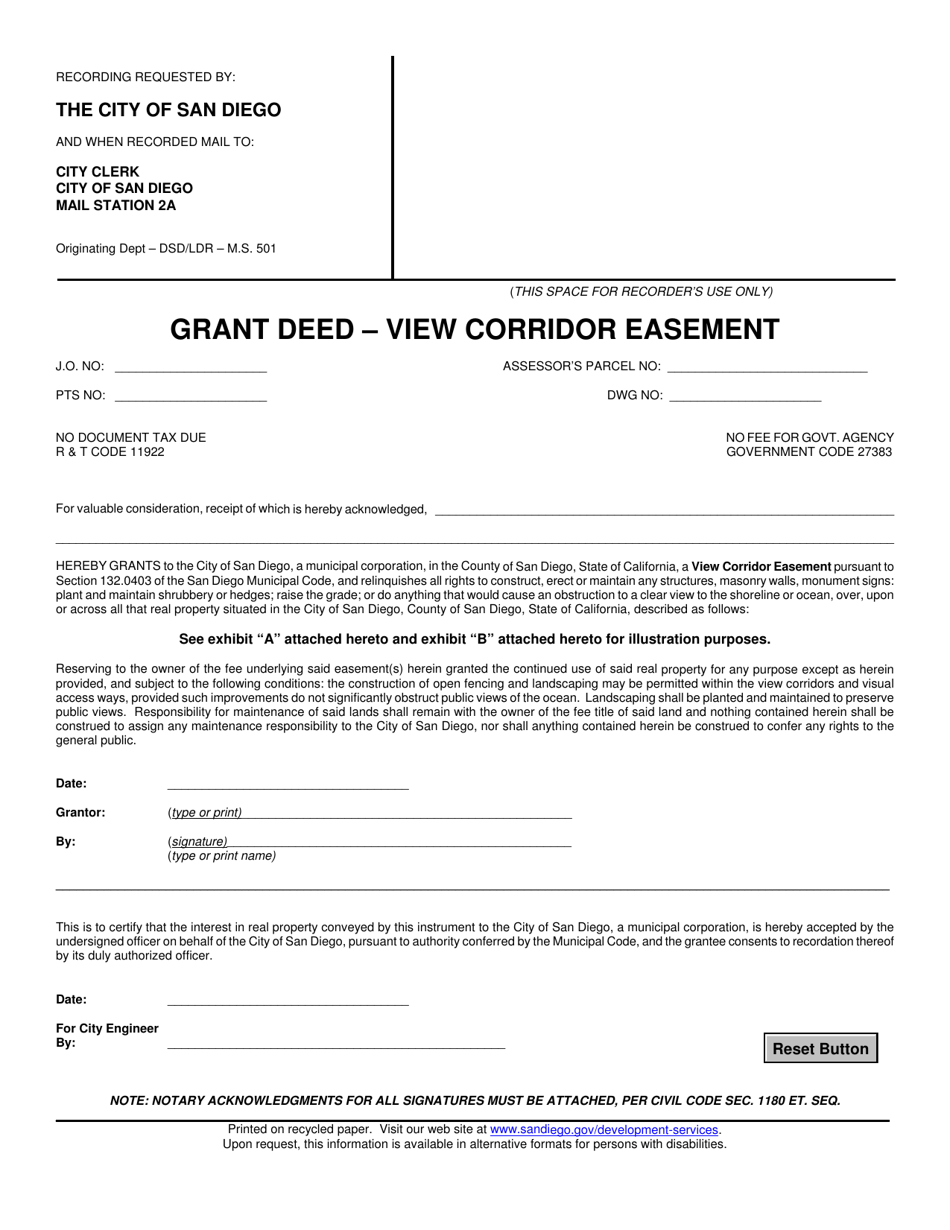 Grant Deed - View Corridor Easement - City of San Diego, California, Page 1