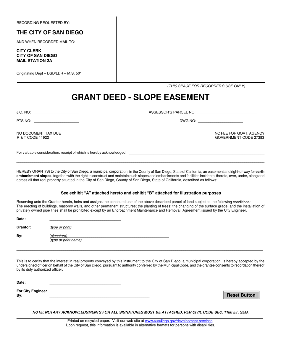 City of San Diego, California Grant Deed Slope Easement Download