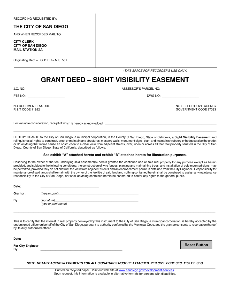 Grant Deed - Sight Visibility Easement - City of San Diego, California, Page 1