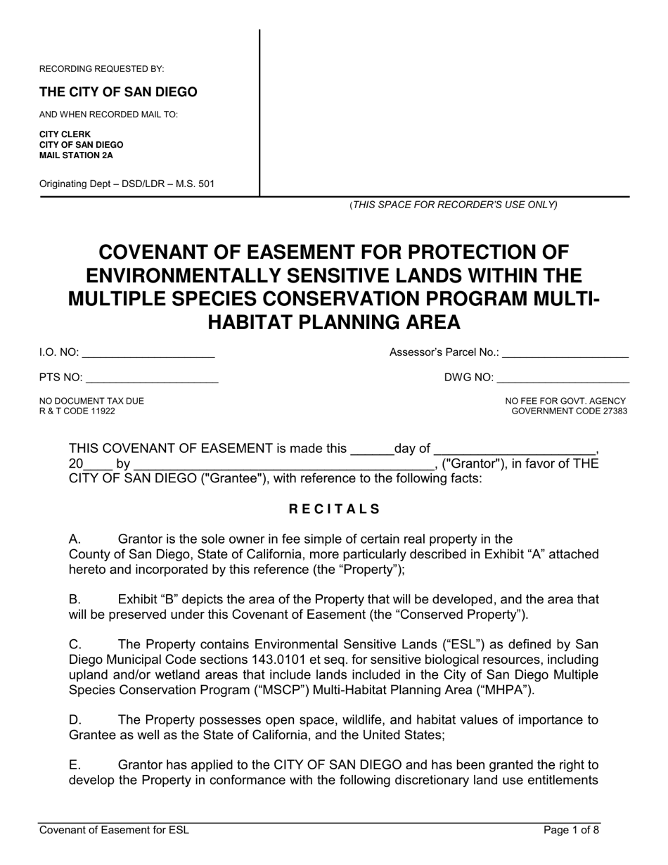 Covenant of Easement for Protection of Environmentally Sensitive Lands Within the Multiple Species Conservation Program Multi-Habitat Planning Area - City of San Diego, California, Page 1