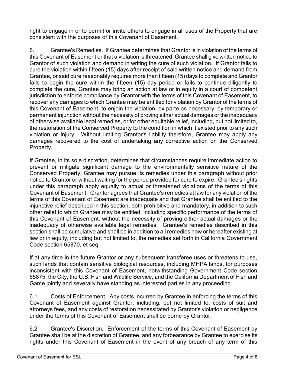 Covenant of Easement for Protection of Environmentally Sensitive Lands Within the Multiple Species Conservation Program Multi-Habitat Planning Area - City of San Diego, California, Page 4