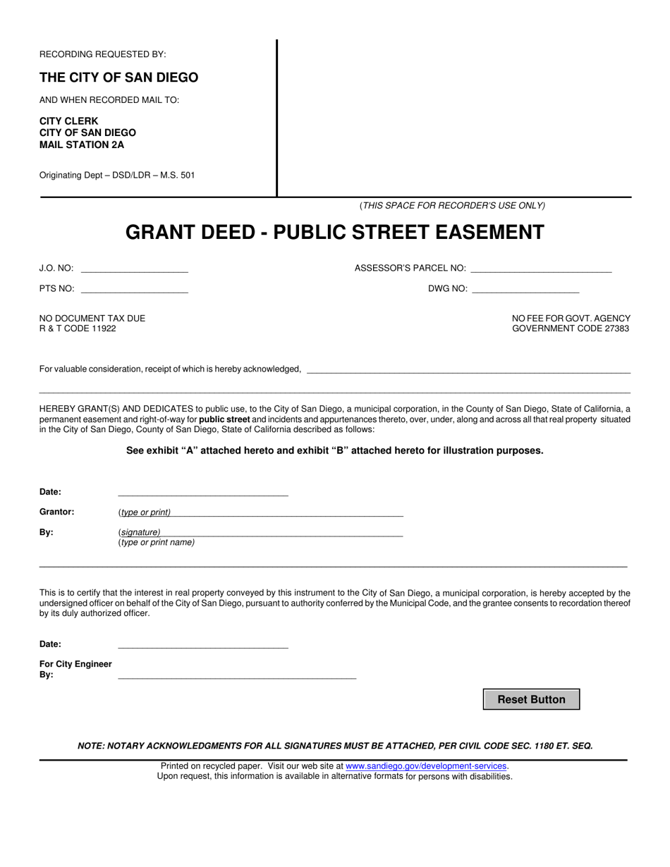 Grant Deed - Public Street Easement - City of San Diego, California, Page 1