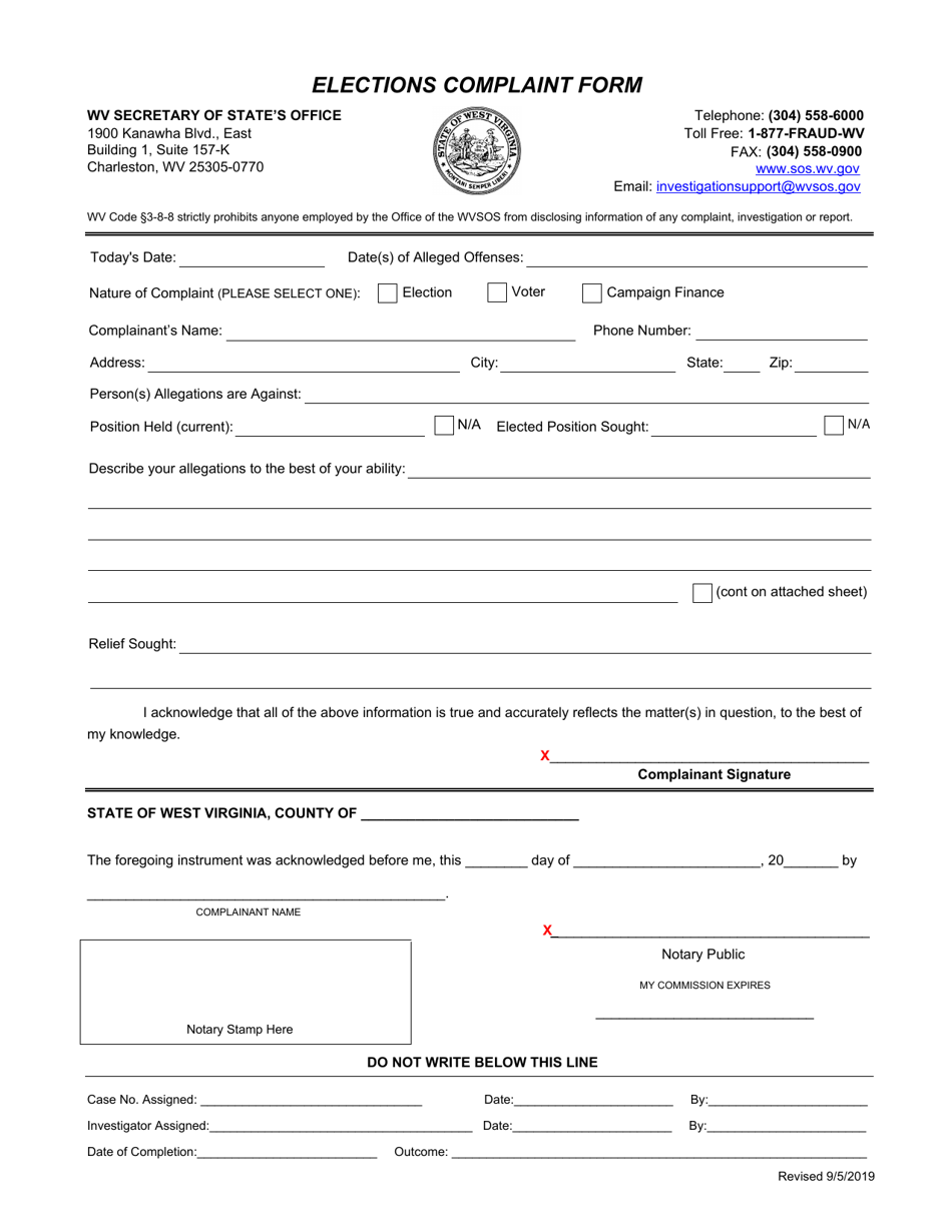 Elections Complaint Form - West Virginia, Page 1
