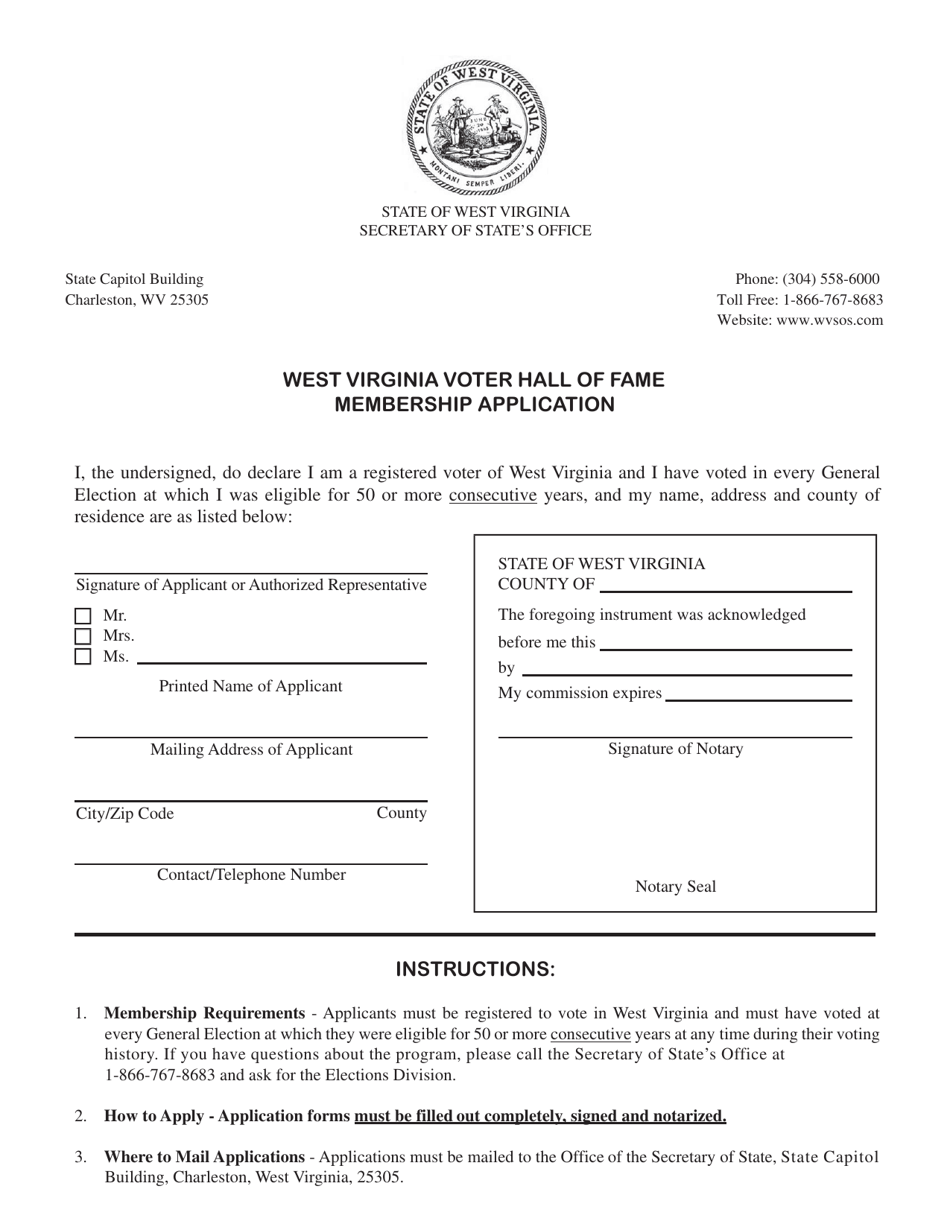 West Virginia Voter Hall of Fame Membership Application - West Virginia, Page 1
