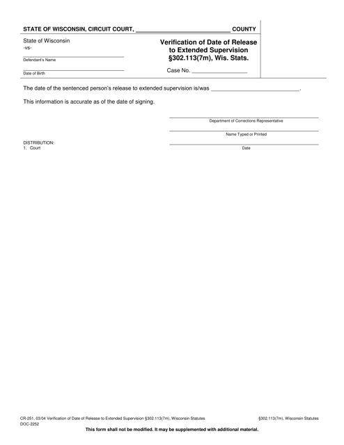 Form CR-251 Verification of Date of Release to Extended Supervision - Wisconsin