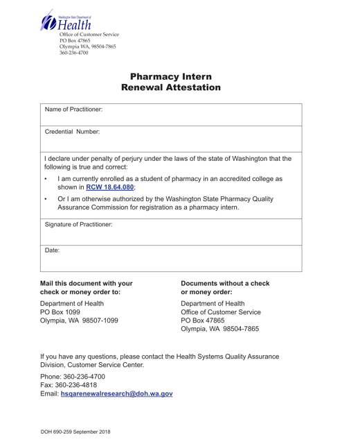 DOH Form 690-259 Pharmacy Intern Renewal Attestation - Washington