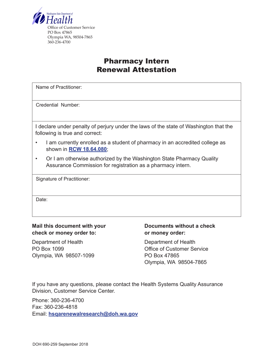 DOH Form 690-259 Pharmacy Intern Renewal Attestation - Washington, Page 1