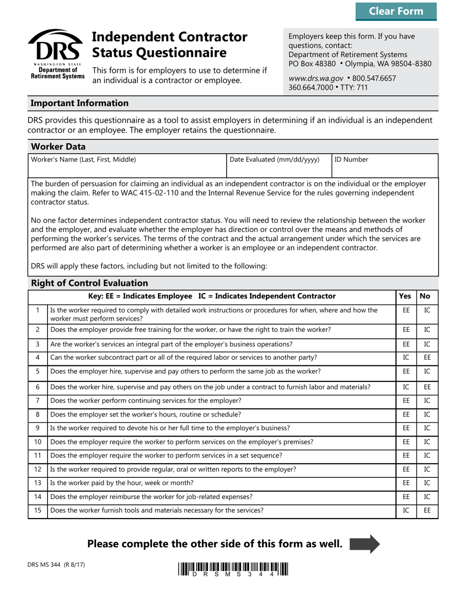 Form DRS MS344 Independent Contractor Status Questionnaire - Washington, Page 1