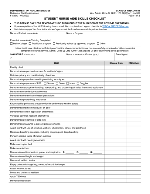 Form F-02643 Student Nurse Aide Skills Checklist - Wisconsin