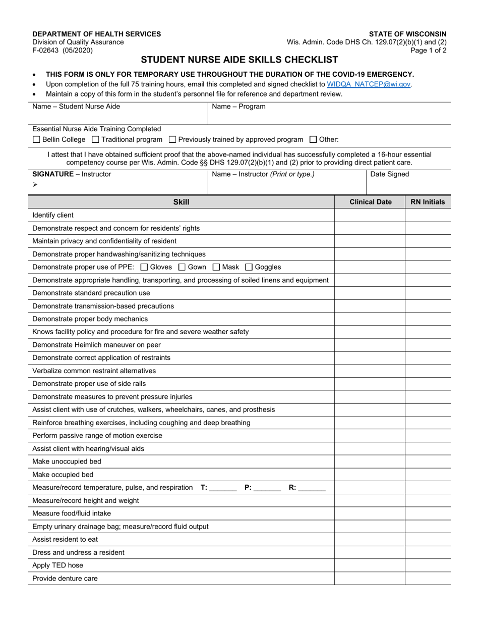 Form F-02643 Student Nurse Aide Skills Checklist - Wisconsin, Page 1