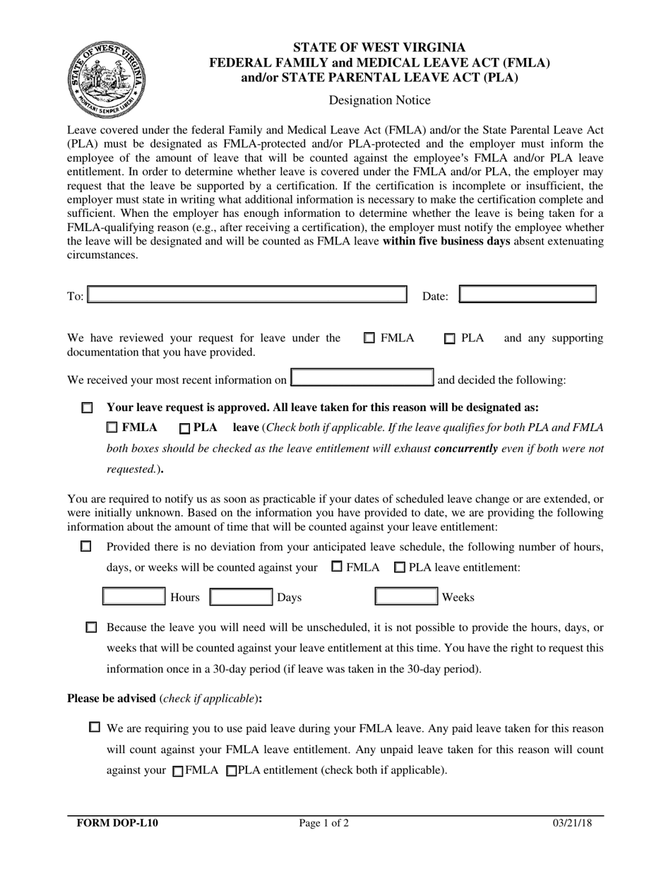 Form DOP-L10 Federal Family and Medical Leave Act (Fmla) and / or State Parental Leave Act (Pla) Designation Notice - West Virginia, Page 1