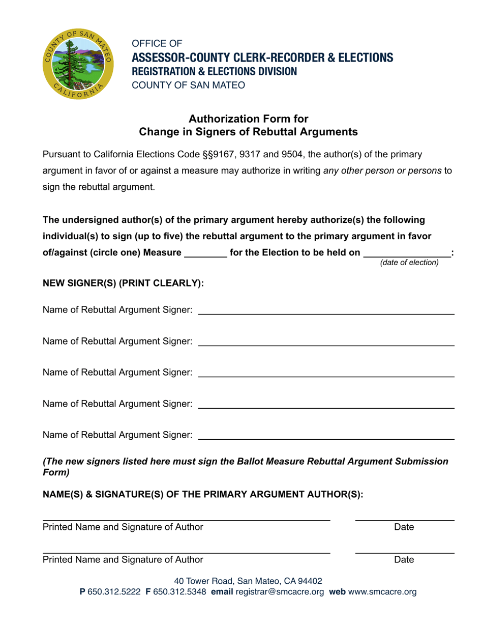 Authorization Form for Change in Signers of Rebuttal Arguments - County of San Mateo, California, Page 1