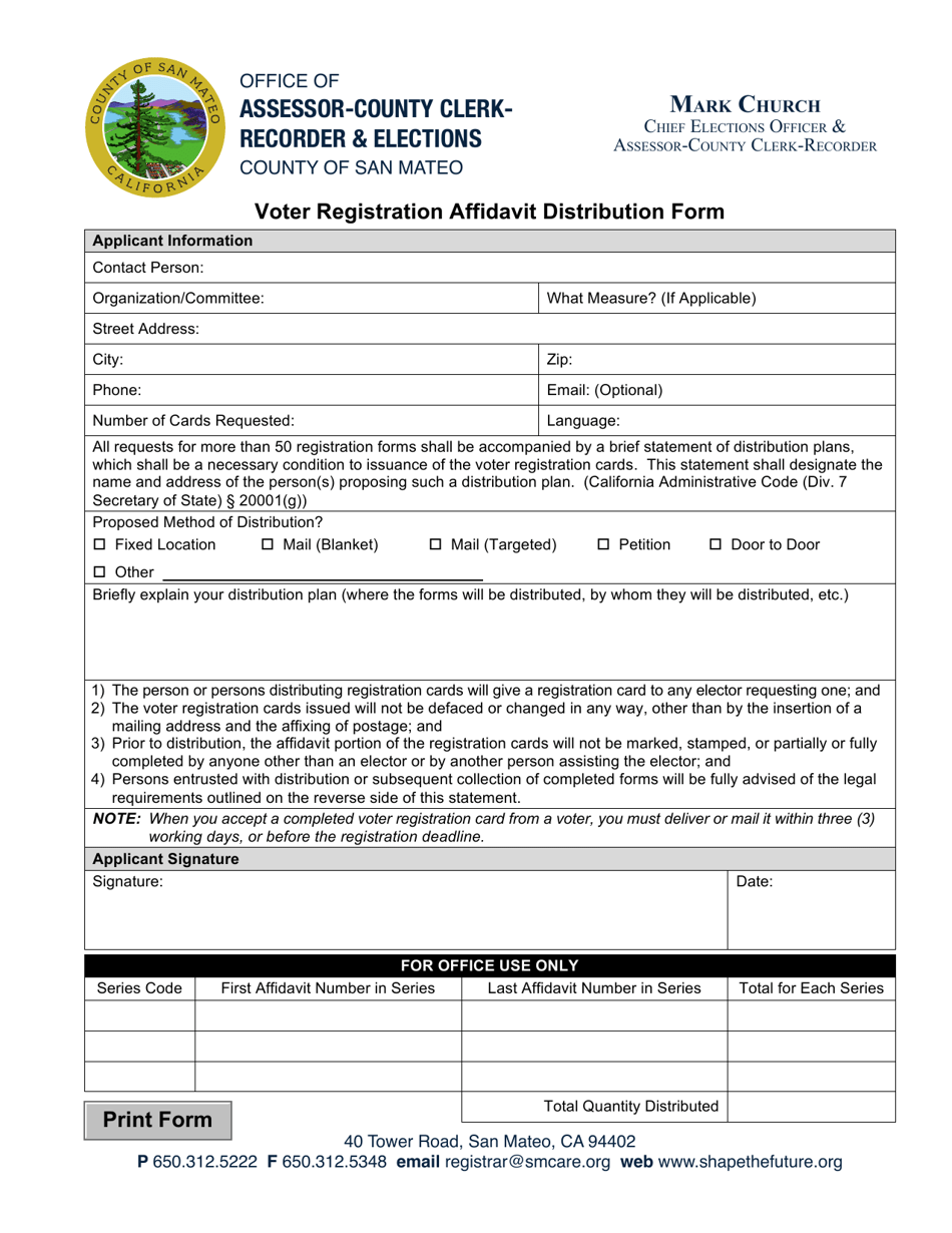 Voter Registration Affidavit Distribution Form - County of San Mateo, California, Page 1