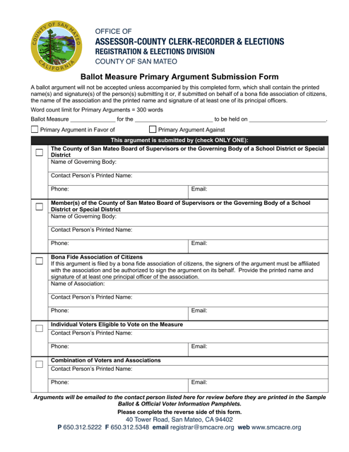 Ballot Measure Primary Argument Submission Form - County of San Mateo, California Download Pdf