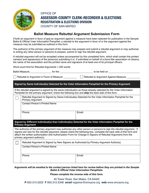 Ballot Measure Rebuttal Argument Submission Form - County of San Mateo, California Download Pdf