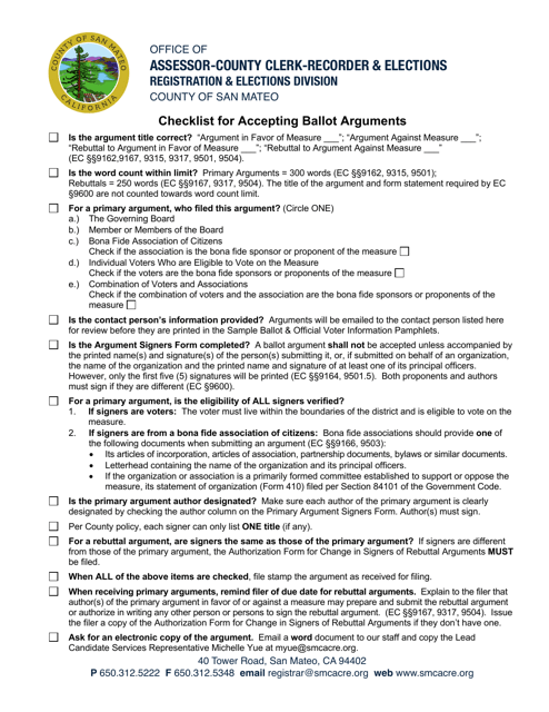 Checklist for Accepting Ballot Arguments - County of San Mateo, California Download Pdf