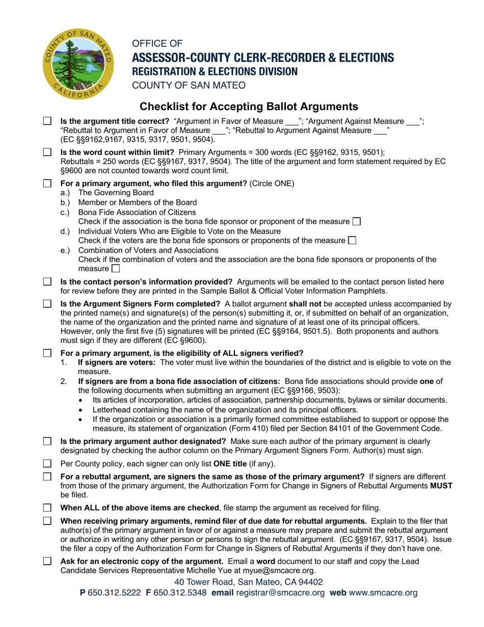 Checklist for Accepting Ballot Arguments - County of San Mateo, California, Page 1