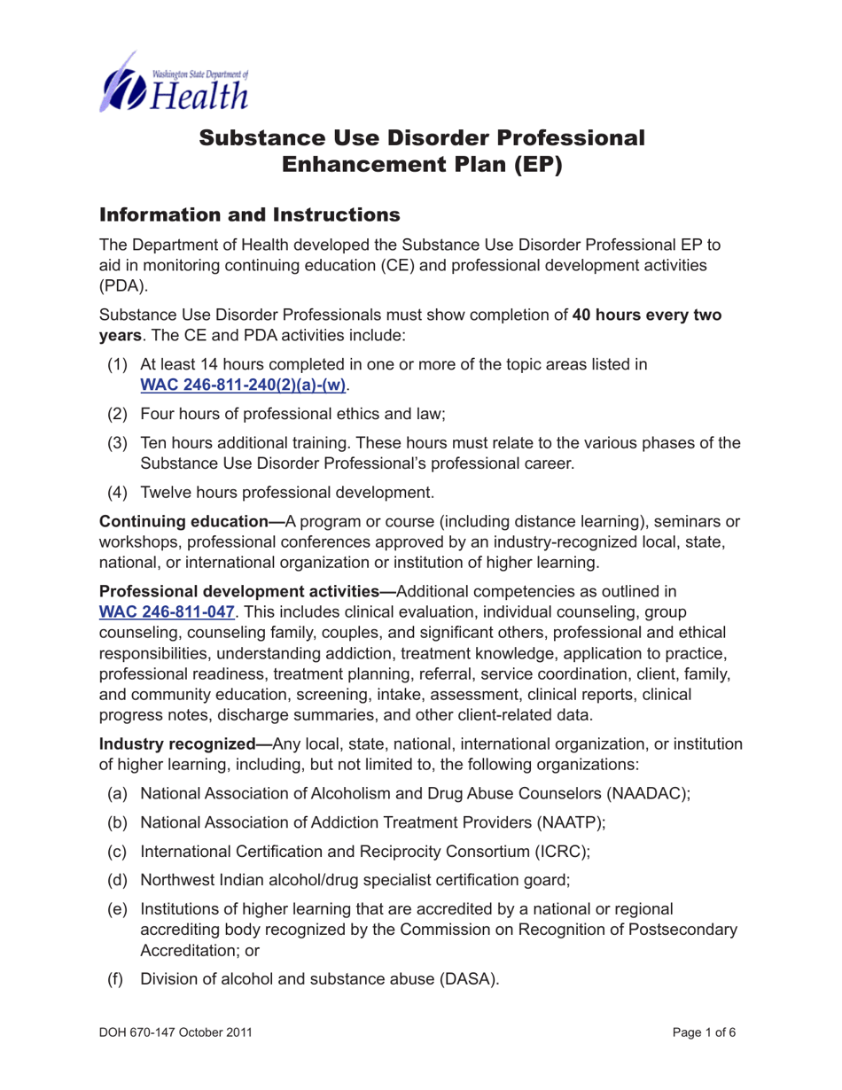 DOH Form 670-147 Substance Use Disorder Professional Enhancement Plan (Ep) - Washington, Page 1