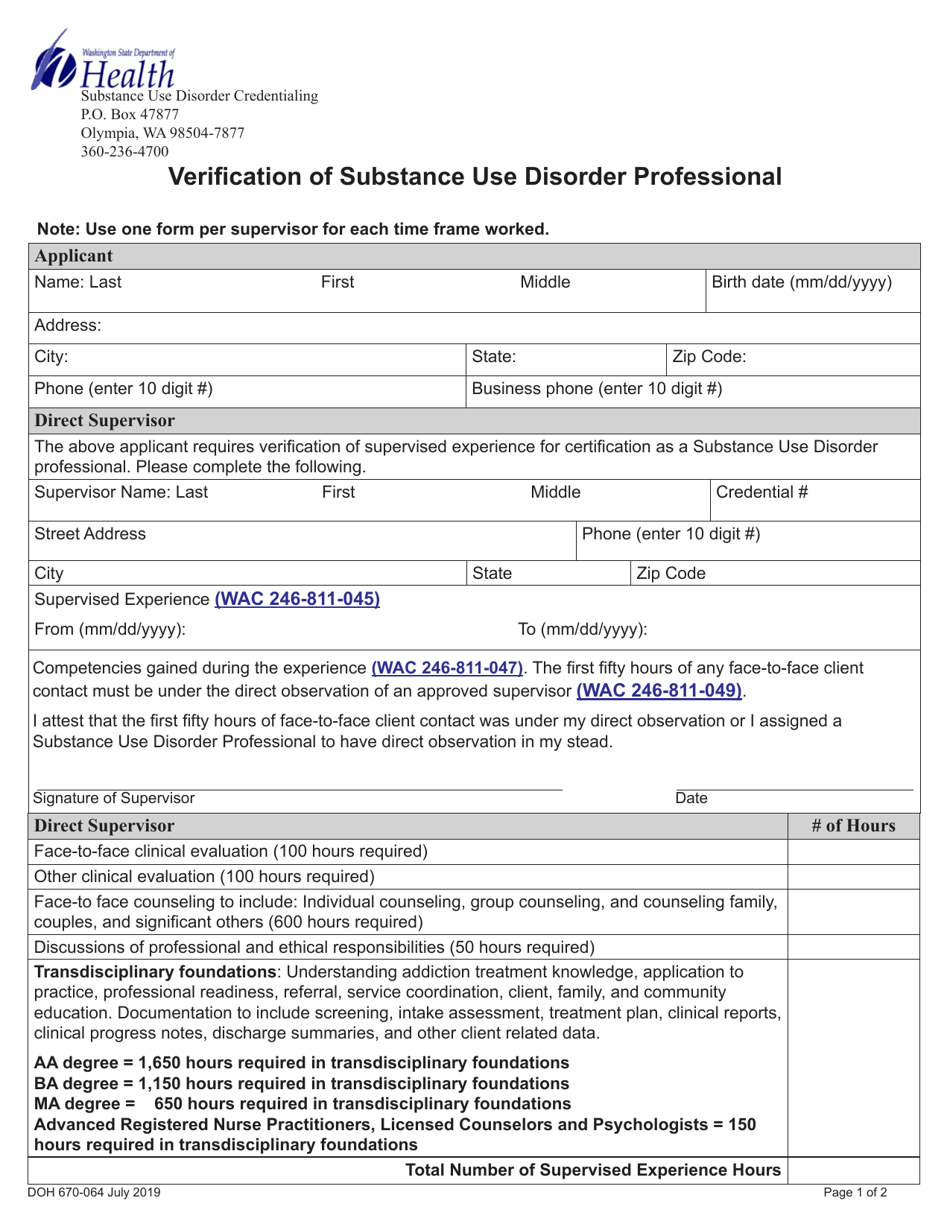 DOH Form 670-064 Verification of Substance Use Disorder Professional and Statement of Qualifications - Washington, Page 1