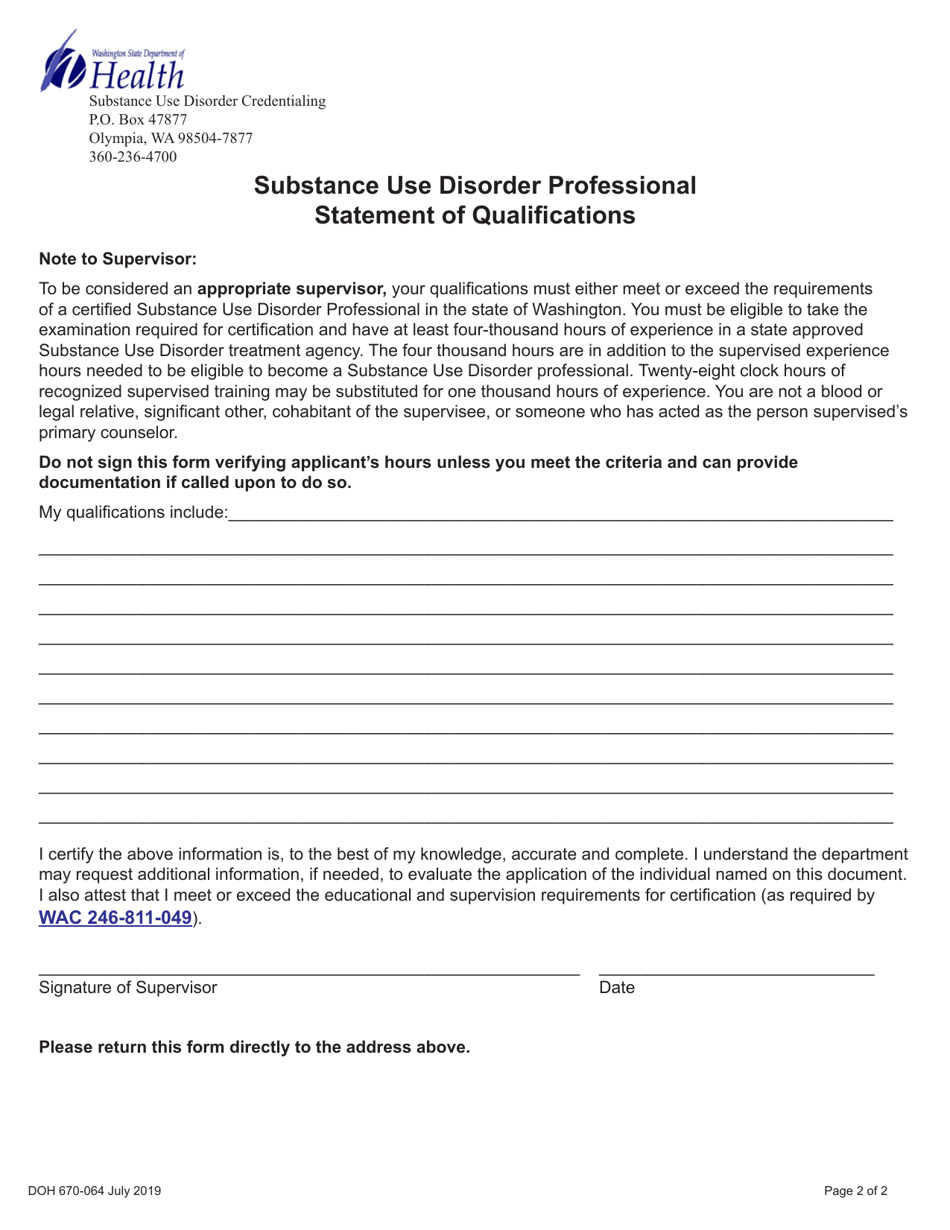 DOH Form 670-064 Verification of Substance Use Disorder Professional and Statement of Qualifications - Washington, Page 2