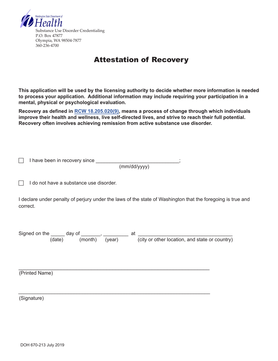 DOH Form 670-213 Attestation of Recovery - Washington, Page 1