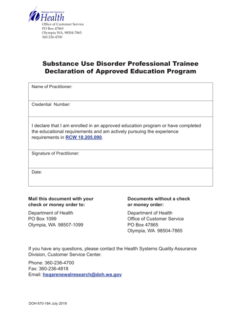 DOH Form 670-184 Substance Use Disorder Professional Trainee Declaration of Approved Education Program - Washington