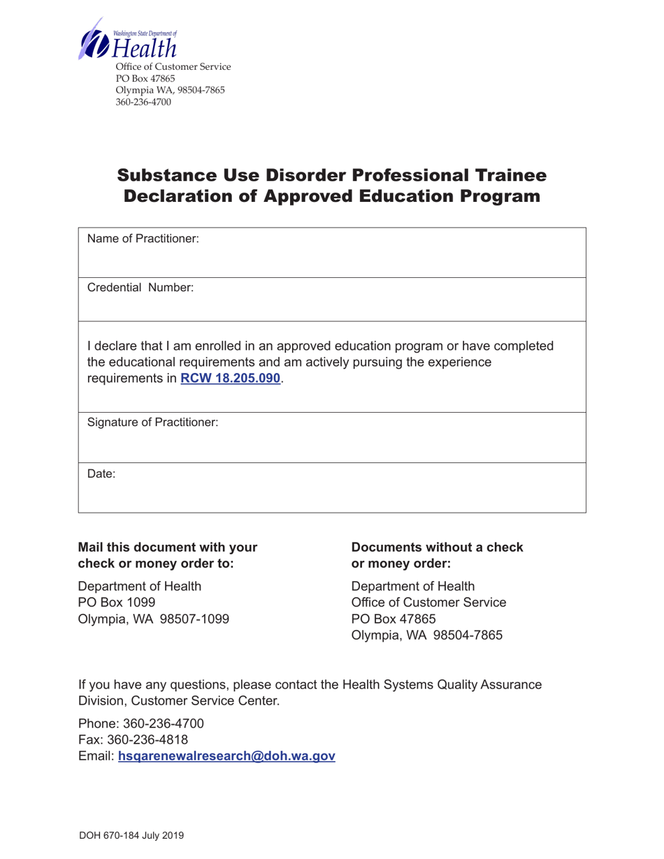 DOH Form 670-184 Substance Use Disorder Professional Trainee Declaration of Approved Education Program - Washington, Page 1