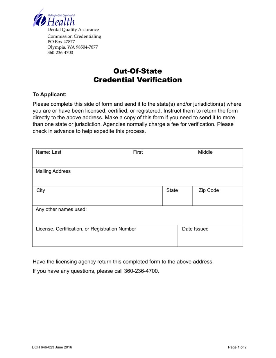 DOH Form 646-023 Out-of-State Credential Verification - Washington, Page 1