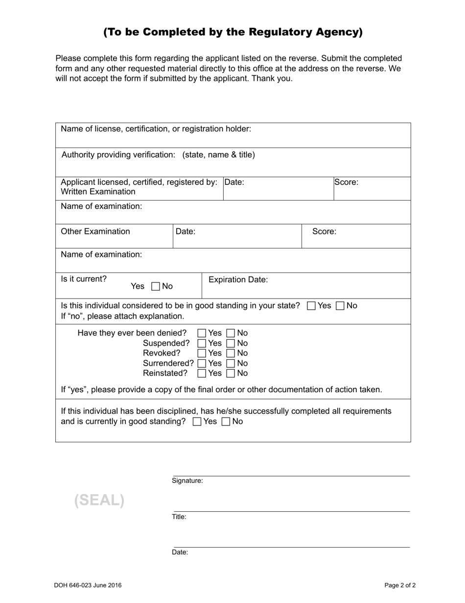 DOH Form 646-023 Out-of-State Credential Verification - Washington, Page 2