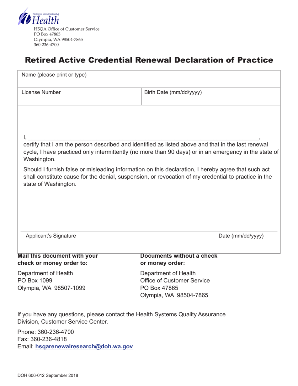 DOH Form 606-012 Retired Active Credential Renewal Declaration of Practice - Washington, Page 1