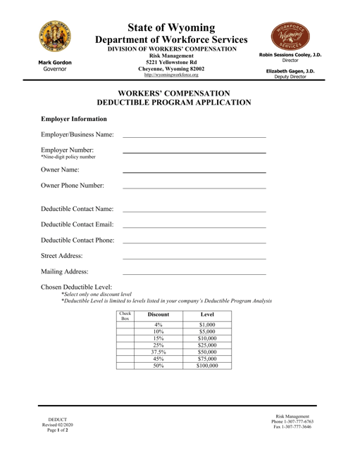 Workers' Compensation Deductible Program Application - Wyoming Download Pdf
