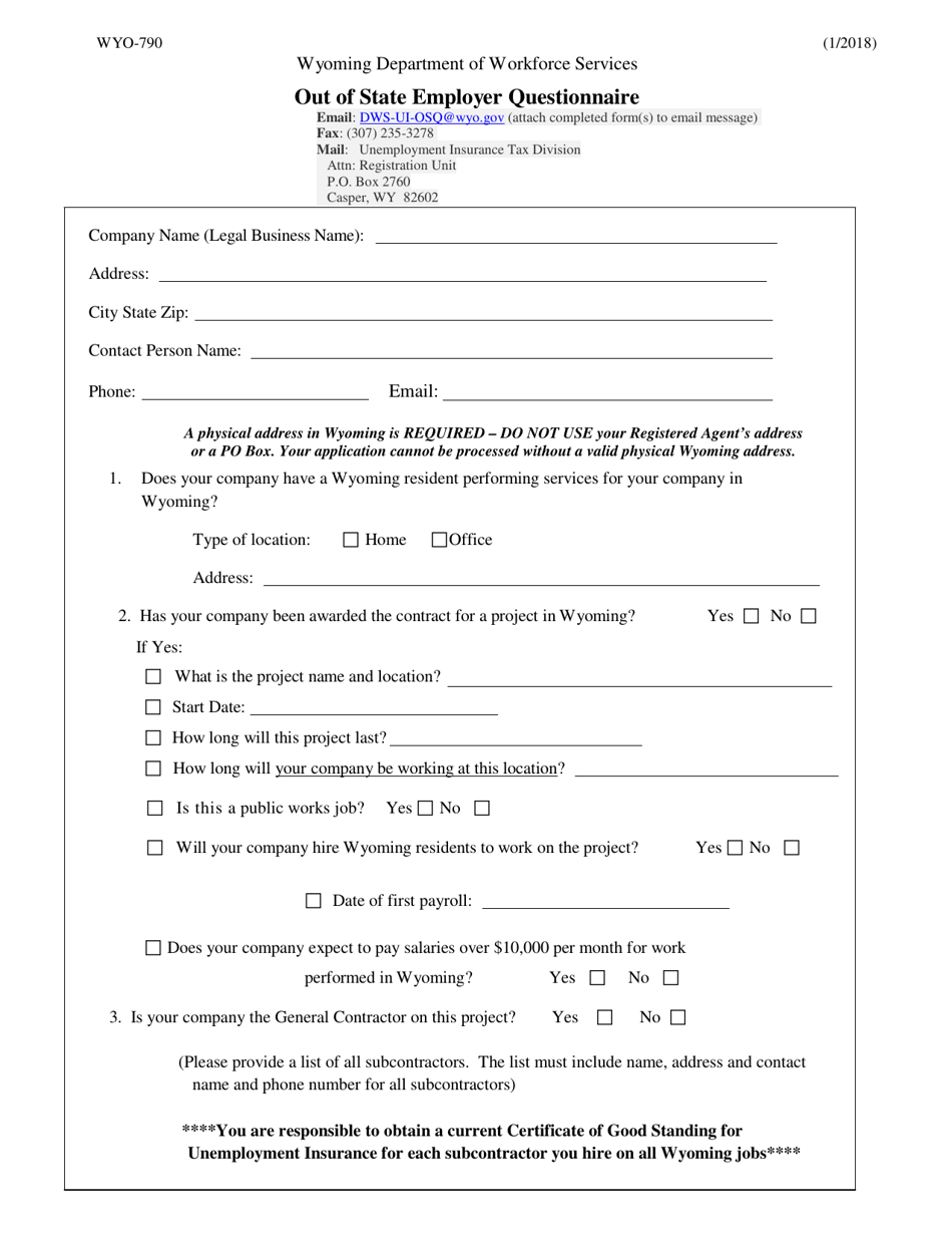Form WYO-790 Out-of-State Employer Questionnaire - Wyoming, Page 1