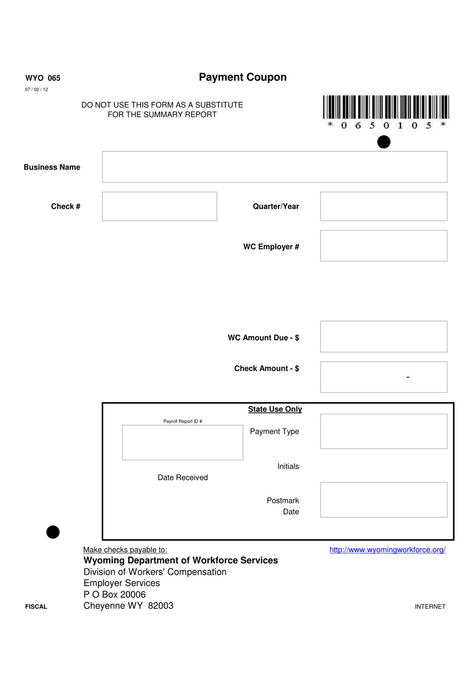 Form WYO065 Remittance Payment Coupon - Wyoming, Page 1