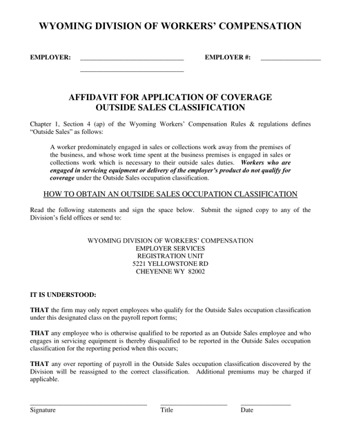 Affidavit for Application of Coverage Outside Sales Classification - Wyoming