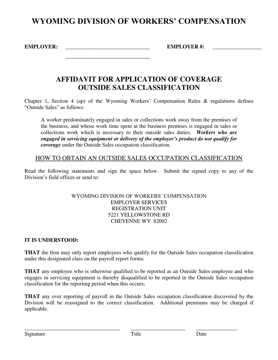 Affidavit for Application of Coverage Outside Sales Classification - Wyoming, Page 1