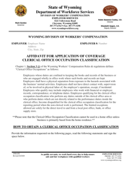 &quot;Affidavit for Application of Coverage Clerical Office Occupation Classification&quot; - Wyoming