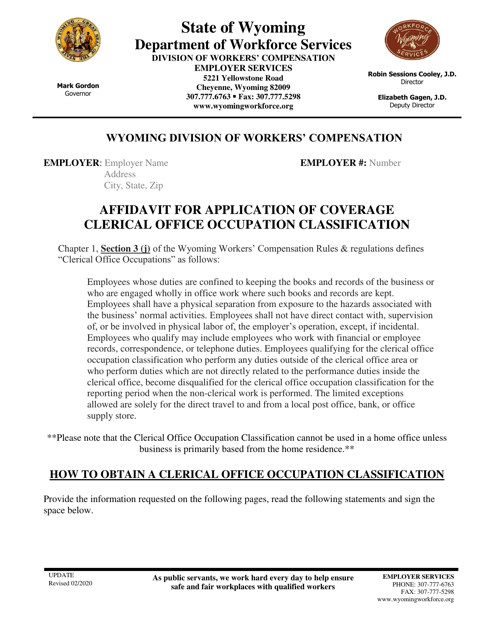 Affidavit for Application of Coverage Clerical Office Occupation Classification - Wyoming Download Pdf