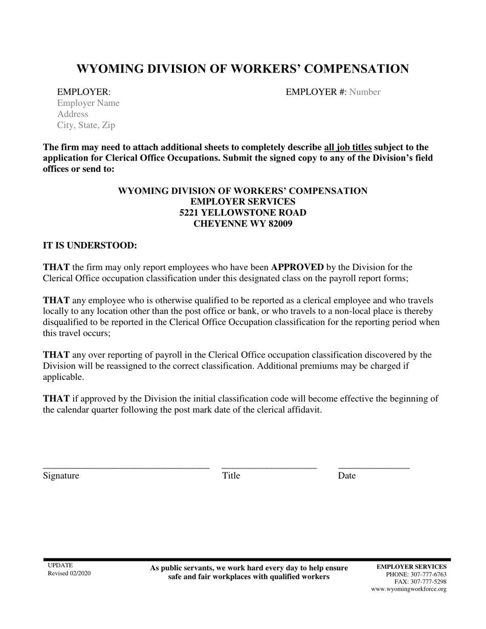 Affidavit for Application of Coverage Clerical Office Occupation Classification - Wyoming, Page 2