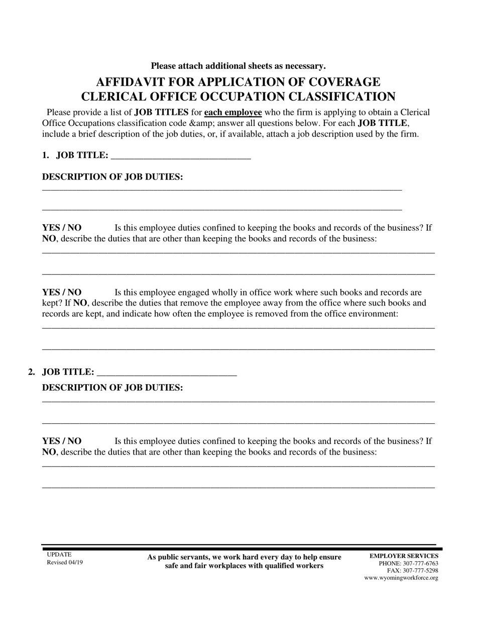 Affidavit for Application of Coverage Clerical Office Occupation Classification - Wyoming, Page 3
