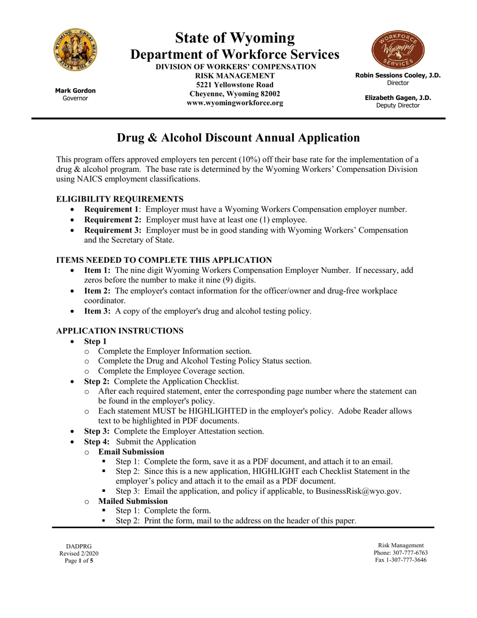 Annual Application for the Certification of the Drug-Free Workplace Premium Credit Program - Wyoming, Page 1