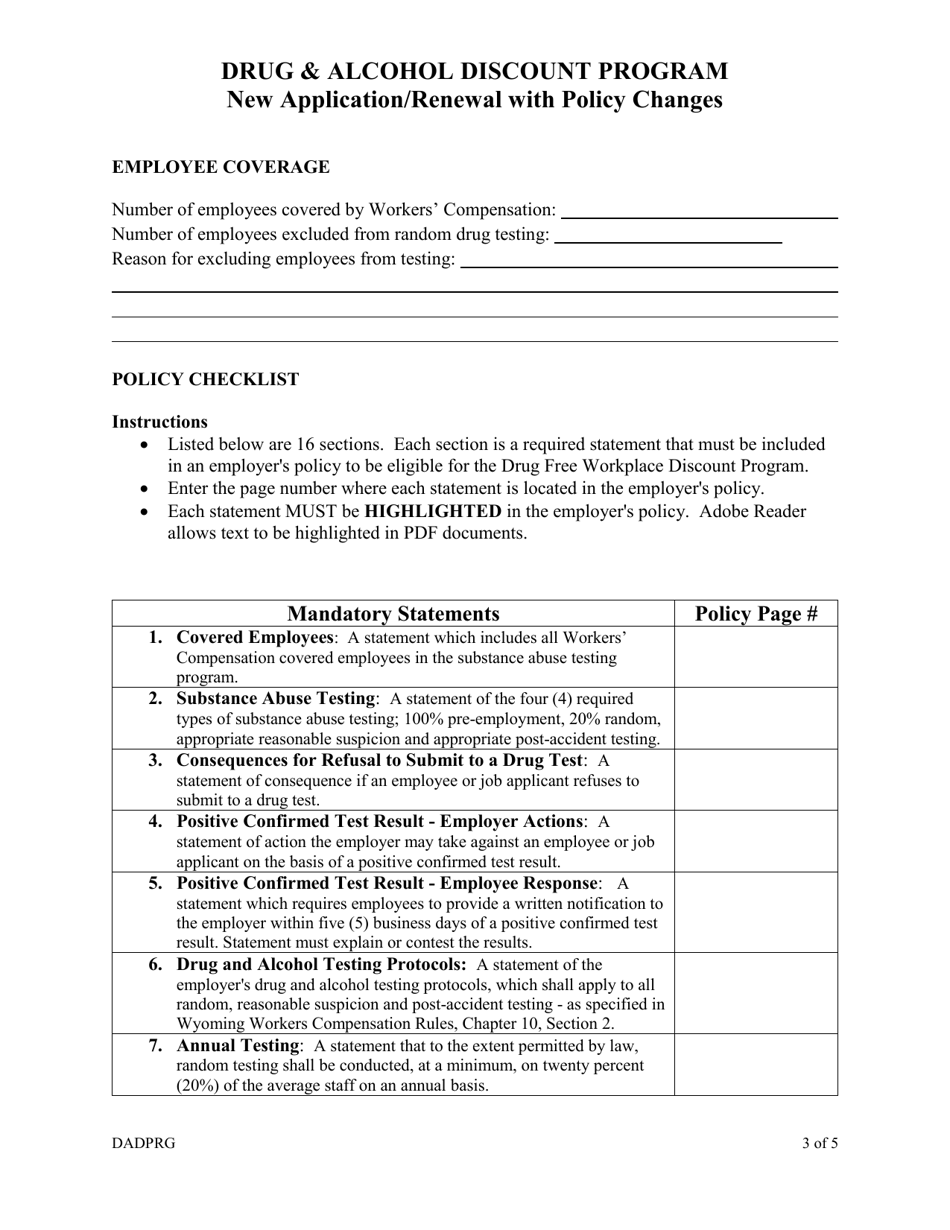 Annual Application for the Certification of the Drug-Free Workplace Premium Credit Program - Wyoming, Page 3