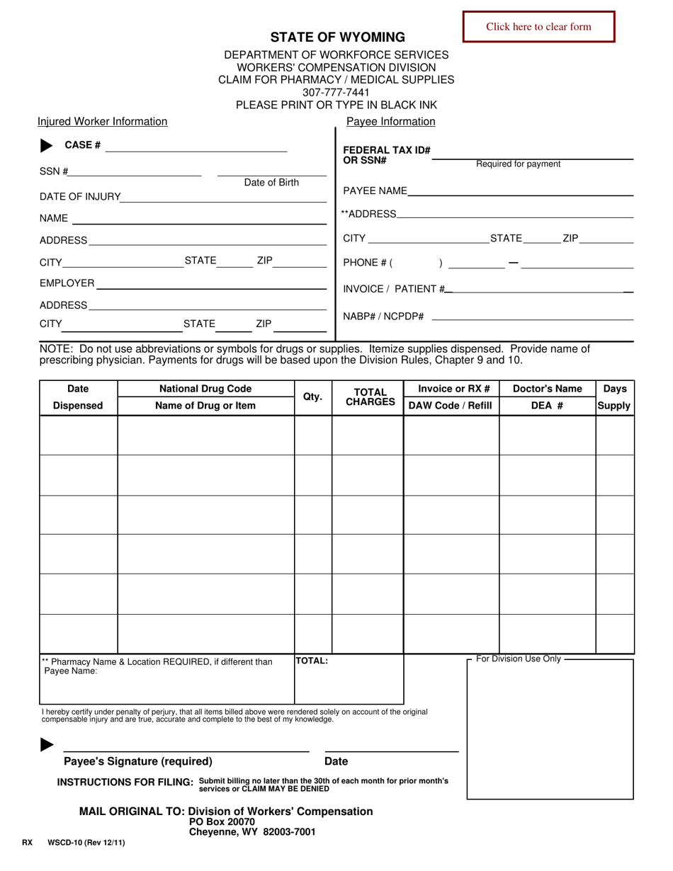 Form WSCD-10 Claim for Pharmacy / Medical Supplies - Wyoming, Page 1