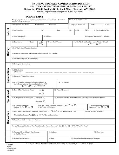 Health Care Provider Initial Medical Report - Wyoming Download Pdf