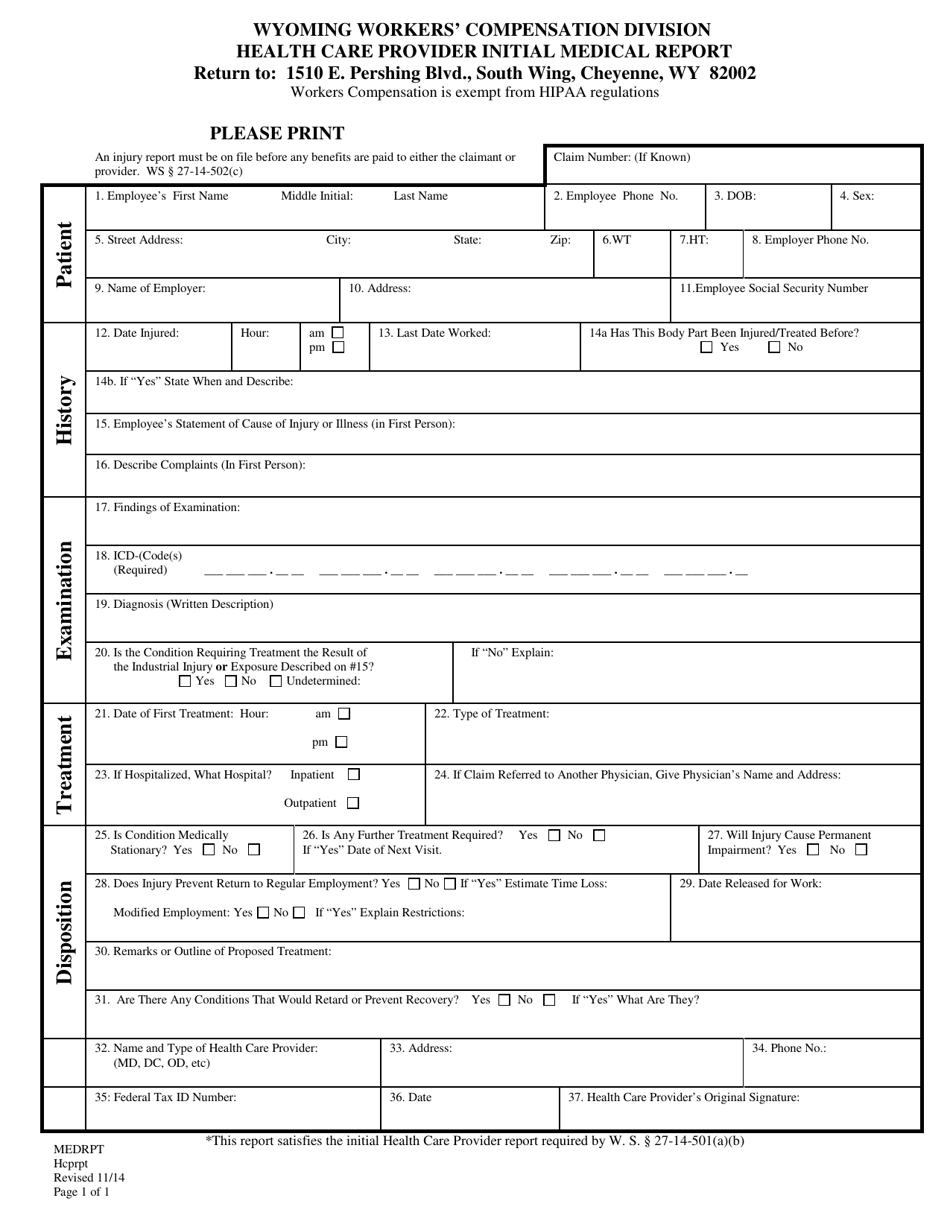 Health Care Provider Initial Medical Report - Wyoming, Page 1