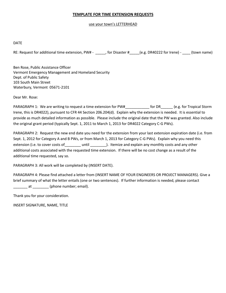 Template Letter for Time Extension Request - Vermont, Page 1