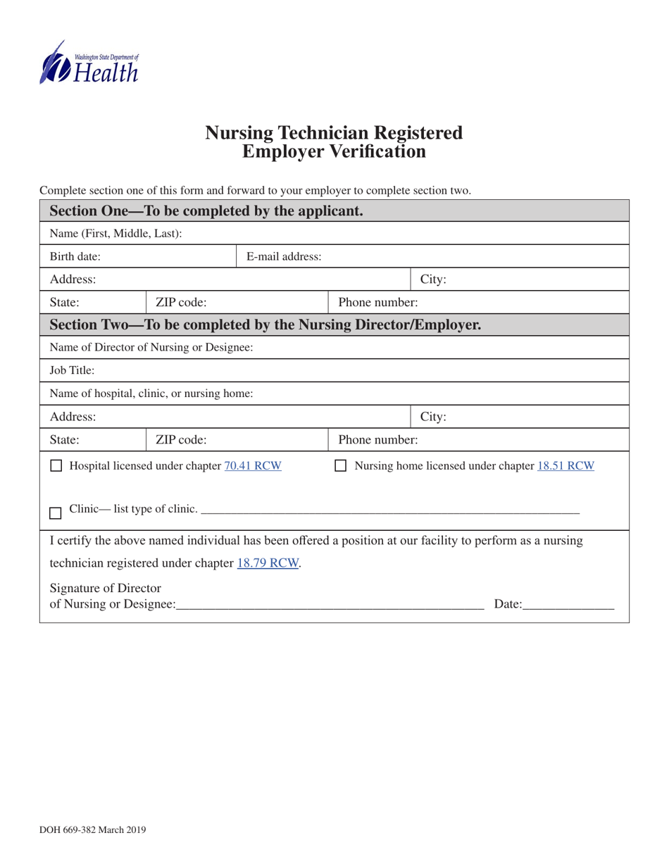 DOH Form 669-382 Nursing Technician Registered Employer Verification - Washington, Page 1