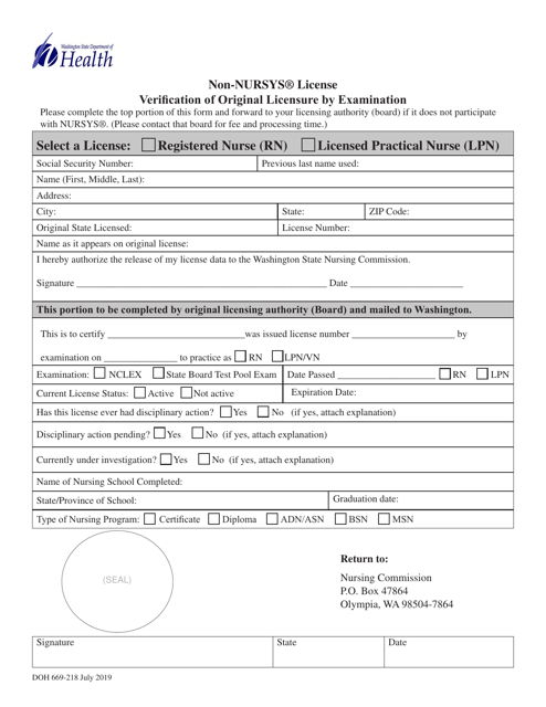 DOH Form 669-218 Non-nursys License Verification of Original Licensure by Examination - Washington