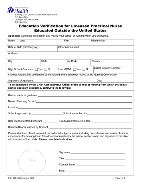 DOH Form 669-326 Education Verification for Licensed Practical Nurse Educated Outside the United States - Washington